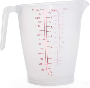 FITTO 1500ml Plastic Measuring Cup &ndash; Transparent Jug for Cooking &amp; Baking &ndash; Easy-Read Red Markings, Non-Slip Handle, Slanted Spout &ndash; Stackable BPA-Free 7 Cup Measure for Accurate Liquid Measurements