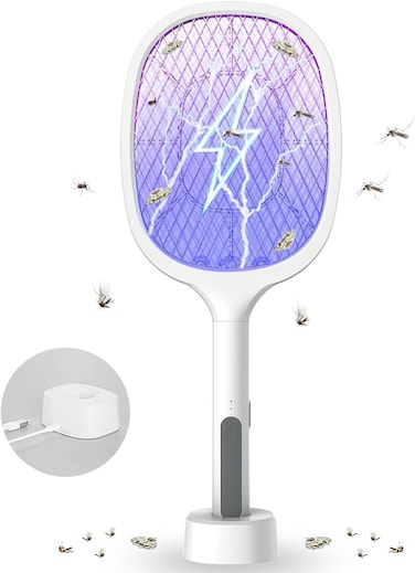 FITTO 3000V Electric Fly Swatter &ndash; 2-in-1 Dual Modes Mosquito Killer &amp; Bug Zapper with USB Rechargeable Base &ndash; Powerful 3-Layer Safety Mesh for Home, Bedroom, Kitchen, Patio