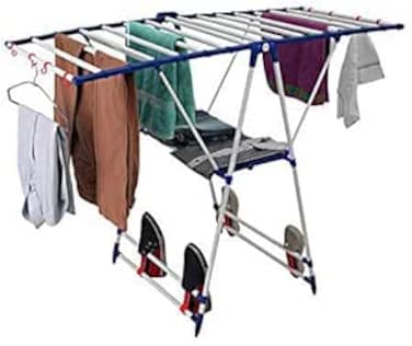 FITTO Winsome Steel Cloth Drying Stand Rack - Heavy-Duty Powder Coated, Rust-Free Laundry Organizer with Slots for Hangers   Foldable and Portable Clothes Drying Stand for Indoor &amp; Outdoor Use