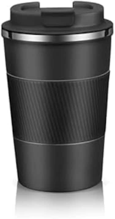 Fitto Black Coffee Mug with Lid, 380ml Double Wall Insulated Stainless Steel Mug &ndash; Travel-Friendly, Leak-Proof Coffee Cup for Hot &amp; Cold Beverages &ndash; BPA-Free, Spill-Resistant Mug for Office, Home
