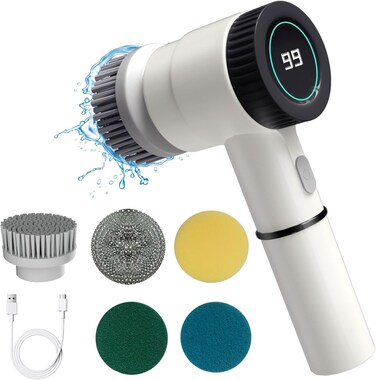 Fitto Electronic Cleaning Brush for Bathroom &amp; Kitchen   LED Display, 5 Brush Heads, 3 Cleaning Modes   Powerful Scrubber for Tough Stains   Multipurpose Cordless Cleaner for Home Surfaces