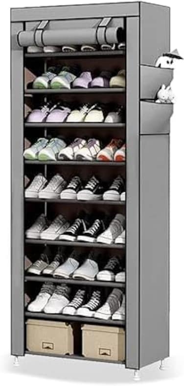 FITTO 10-Tier Foldable Shoe Rack Storage Cabinet - Holds 27 Pairs, Portable Shoe Organizer with Cover, Space-Saving Shoe Storage Box for Bedroom &amp; Closet (155cm X 60cm X 30cm)