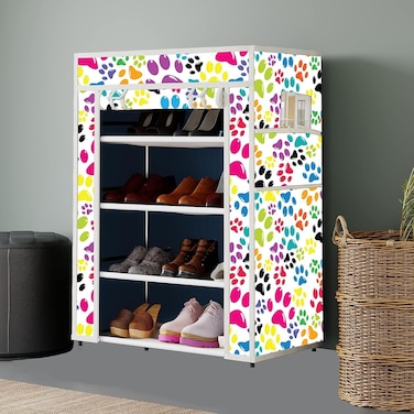 FITTO Printed Shoe Rack Multipurpose Collapsible Storage Organizer - 4 Shelves, 1 Side Pocket, Non-Woven Fabric Cabinet (4L-1 Dog Blue)