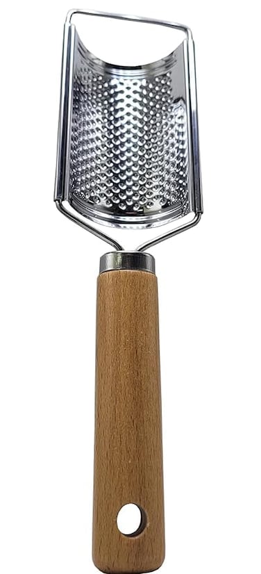 FITTO Portable Wooden Handle Cheese Grater - Multi-Purpose Grater for Ginger, Potato, Cheese, Butter, Chocolate, Silver Colour, Perfect for Home Kitchen Use, 1 Piece
