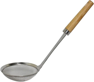 FITTO Stainless Steel Spider Strainer with Natural Wooden Handle   Professional Grade Mesh Skimmer Spoon for Cooking Spaetzle and Pasta
