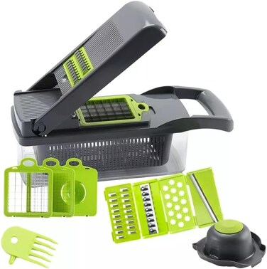 Fitto Vegetable Chopper - Multi-Functional Manual Food Chopper with 5 Blades, 12-in-1 Mandoline Slicer and Dicer Set, BPA-Free, Ideal for Onions, Garlic, Fruits &amp; More - Kitchen Essential