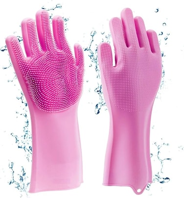 FITTO Silicone Non-Slip Dishwashing Gloves &ndash; Pink Magic Latex Scrubbing Gloves for Efficient Household Cleaning, Pet Grooming, and Hand Protection