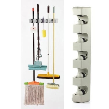 FITTO Wall Mounted Broom Holder – 5-Slot Organizer for Mops, Brushes, and Long-Handled Tools – Durable Plastic, Easy Installation with Screws Included for Home, Garage, Laundry, and More