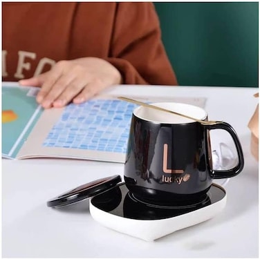 FITTO Coffee Mug Warmer with Mug, Electric Mug Warmer for Desk with Auto Shut-Off &ndash; Perfect for Keeping Coffee, Tea, Milk Warm, Compact Design, Includes Cup &amp; Spoon &ndash; Ideal Gift for Home &amp; Office
