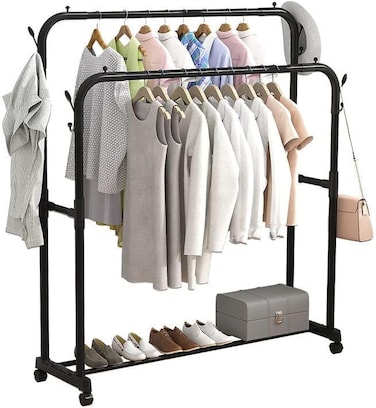 Fitto Clothes Rack with Bottom Shelf &ndash; Sturdy Black Metal Garment Rack with Storage Shelf for Hanging Clothes, Coats, Jackets, and Organizing Shoes, Accessories, and More