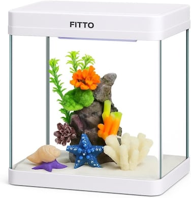 FITTO Aquarium - White, 8 Litre Capacity, 24x17x28.5 cm, Full Set Table Top Fish Tank with Energy-Saving Colorful LED Light, Top Water Filter, Air Blower, and Feeding Hole &ndash; Perfect for Small Fishes
