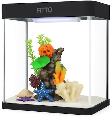 FITTO Aquarium - Black, 8 Litre Capacity, 24x17x28.5 cm, Full Set Table Top Fish Tank with Energy-Saving Colorful LED Light, Top Water Filter, Air Blower, and Feeding Hole &ndash; Perfect for Small Fishes