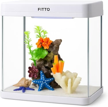 FITTO Aquarium - White, 30 Litre Capacity, 38x32.4x42.5cm, Full Set Table Top Fish Tank with Energy-Saving Colorful LED Light, Top Water Filter, Air Blower, and Feeding Hole &ndash; Perfect for Small Fishes