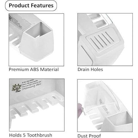 FITTO Toothbrush Holder, 5 Slots 2 Cups, Space-Saving Wall-Mounted Toothpaste Holder with Dust Protection Cover, Drain Holes, Suction Hook, Multifunctional Bathroom Organizer