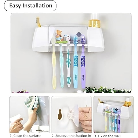 FITTO Toothbrush Holder, 5 Slots 2 Cups, Space-Saving Wall-Mounted Toothpaste Holder with Dust Protection Cover, Drain Holes, Suction Hook, Multifunctional Bathroom Organizer