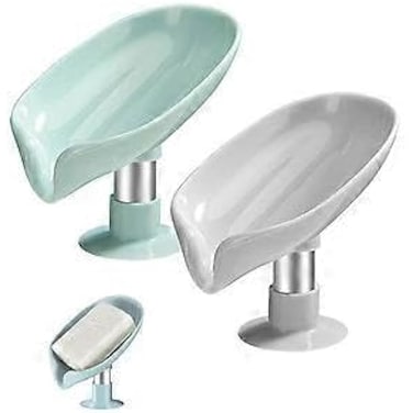 FITTO Leaf-Shape Self-Draining Soap Dish with Suction Cups, Double-Layer Soap Box for Bathroom &amp; Kitchen, Bar Soap Holder with Towel Hook