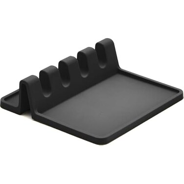 FITTO Extra Large Black Silicone Spoon Rest for Stove Top with Drip Pad - Heat-Resistant BPA-Free Utensil Holder for Kitchen Counter (1 Pack)