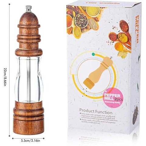 FITTO 8&quot; Acacia Wood Salt or Pepper Grinder &ndash; Adjustable Ceramic Core with Acrylic Display for Kitchen, Home, and Restaurant