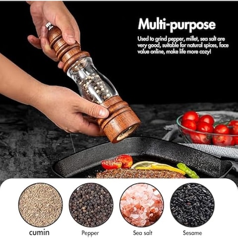 FITTO 8&quot; Acacia Wood Salt or Pepper Grinder &ndash; Adjustable Ceramic Core with Acrylic Display for Kitchen, Home, and Restaurant