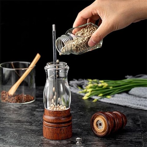FITTO 8&quot; Acacia Wood Salt or Pepper Grinder &ndash; Adjustable Ceramic Core with Acrylic Display for Kitchen, Home, and Restaurant
