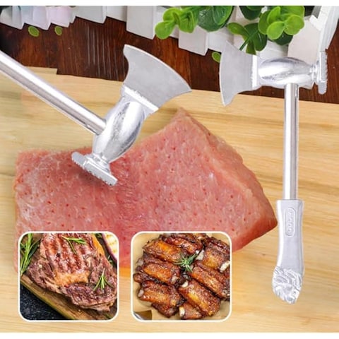 FITTO Kitchen Hammer &ndash; Silver Meat Tenderizer with Axe &amp; Press Pounder for Hotel &amp; Home Use, Aluminum &amp; Steel Construction &ndash; 27.5cm x 15cm x 3.8cm