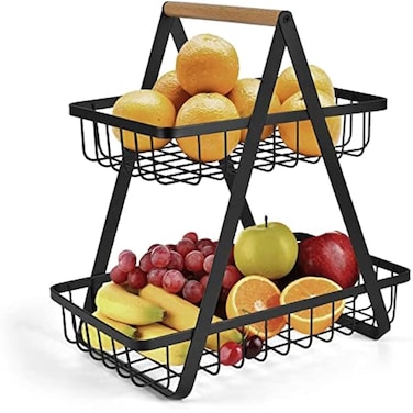 FITTO 2-Tier Countertop Fruit Basket Storage, Vegetable Rack &ndash; Black, Stylish and Space-Saving Design for Kitchen Organization, Fresh Produce Holder, Sturdy Metal Frame for Fruits &amp; Veggies