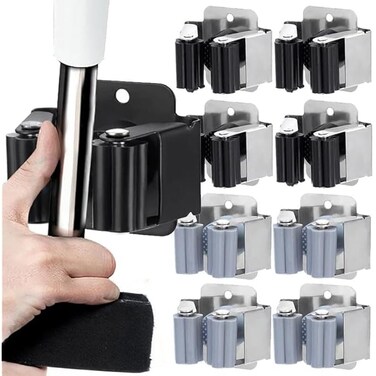 FITTO 5/1Pcs Self-Adhesive Mop Holder Clips - Stainless Steel Drilling Broom Mop Holder Rack for Home Organization, Wall Mounted, Heavy Duty, Space-Saving Solution for Mops, Brooms, and Tools