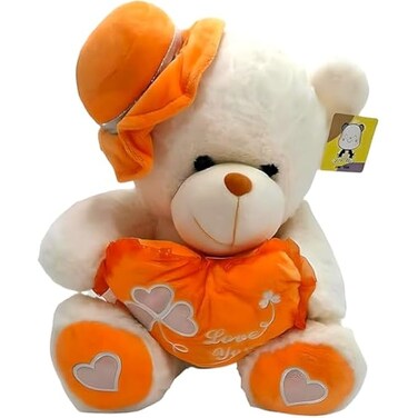 Fitto White & Orange Teddy Bear with Cap 35cm – Plush Toy for Kids, Caps & Cuddly Bear, Amazon.ae