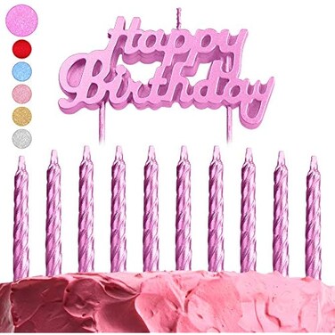 Fitto Pink Birthday Cake Candles Set &ndash; 10 Spiral Candles &amp; Happy Birthday Cake Topper for Kids Parties, Decoration, and Birthday Celebration