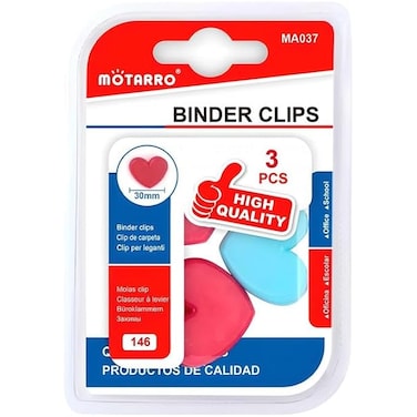 Fitto 3 Pieces Binder Clips Heart Shaped 30mm Assorted Colors