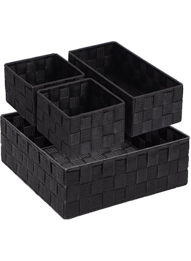 LENND Woven Storage Baskets for Organizing, Small Black Baskets Cube Bin Container Tote Organizer Divider for Drawer, Closet, Shelf, Dresser, Set of 4