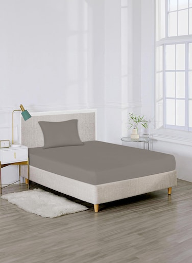Linen Single Plain Fitted Elastic Bedsheet with 1 Pillow Case 90 x 190 Cm Grey