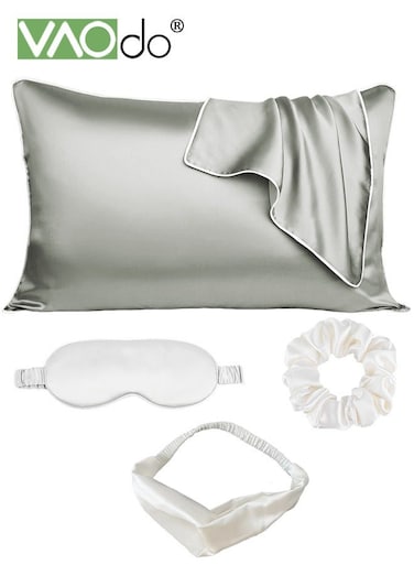 5PCS Pillowcase for Hair and Skin Vegan Silk Pillowcase Set 2 Satin Pillowcases 1 Hair Tie 1 Eye Mask 1 Scrunchie-Luxury Sleep Set Leopard Grey