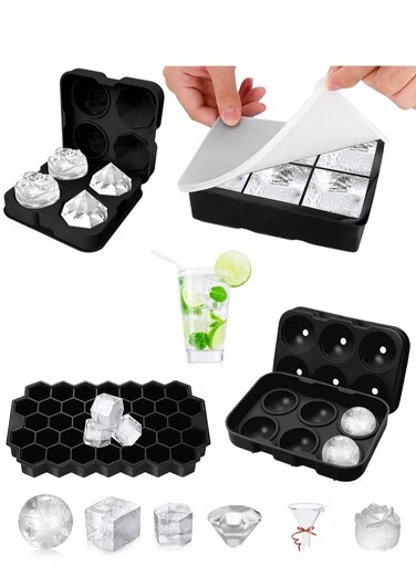 4 Pcs Ice Cube Trays with Lid and Funnel, Easy Release Ice Cube Maker Rose, Diamond, Sphere, Square and Hexagon Shapes Black