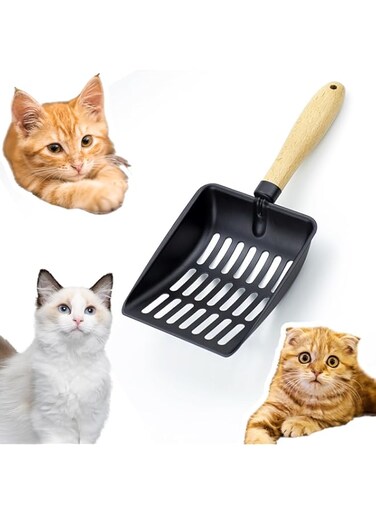 NALACAL Metal Cat Litter Scoop with Deep Shovel, Non-Stick Coated Cat Litter Sifter Large Size, Cat Poop Scooper with Wooden Handle for Pet Kitty Litter Box Fast Sifting Cleaning