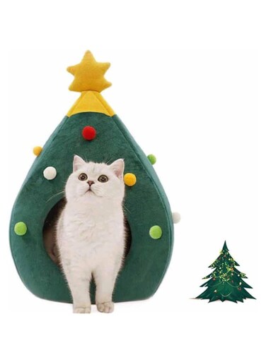 Ushang Pet Christmas Cat Beds, Christmas Tree Cat House, Portable Indoor Cat Igloo Xmas Bed Cave for Small Dogs and Small Animals, Green
