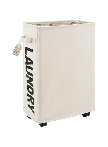 TAME Large Laundry Hamper, Rolling Laundry Basket,Tall Narrow Laundry Basket with Wheels Slim Laundry Hamper on Wheels Clothes Hamper Laundry Bin (Beige)