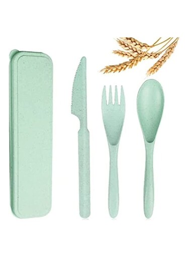 Reusable Wheat Straw Cutlery, Spoon Knife Fork Tableware set, Travel Utensils Set with Case, Eco-Friendly BPA Free Cutlery for Kids and Adults as Travel Picnic Camping Utensils ( Green )