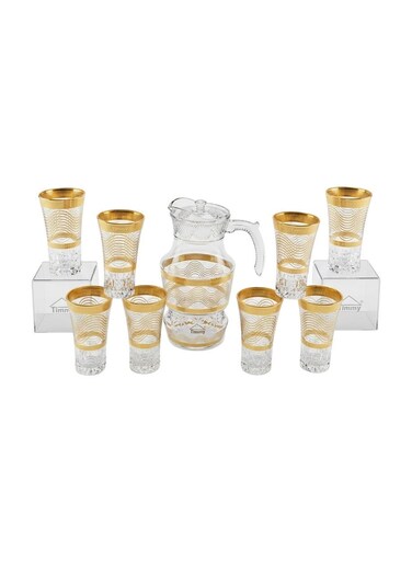 Glassware Set 220ml Goblets with 1620ml Jug - Gold Decorative Premium Beverage Serving Collection - High-Quality Glass Pitcher and Stemware Set for Hosting, Events and Home Dining Use