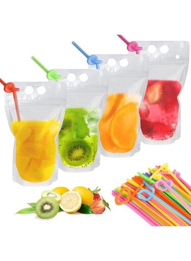 Pcs Drink Pouches with 100 Drink Straws, Reusable Smoothie Bags Juice Pouches, Heavy Duty Hand Held Translucent Zipper Plastic Ice Drink Pouches, BPA Free, for Adults and Kids