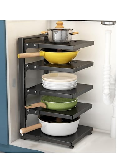 Pots and Pans Organizer for Cabinet,Kitchen Organizer and Storage Rack,Space Saving Stand with Adjustable Dividers,5 Layer Single Sided With Panel Black.
