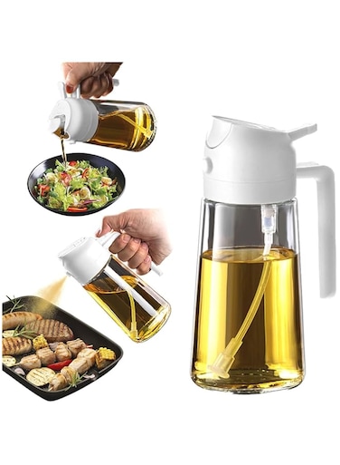TrendPlain 470ml Olive Oil Spray Bottle for Kitchen Gadgets - 2 in 1 Olive Oil Dispenser Bottle and Air Fryer Accessories for Cooking, Salad and BBQ - White