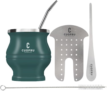Cuopru Yerba Mate Cup and Bombilla Set - Modern Cup, Shaper Set, Straws, and Cleaning Brush (Army Green)
