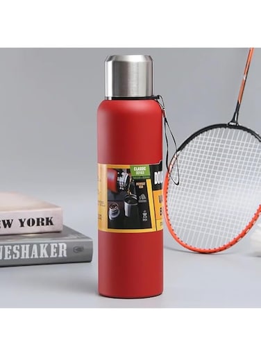 VIO&reg; Insulated Vacuum Flask Stainless Steel Double Walled BPA Free Leakproof Portable Hot Cold Beverage Thermos Travel Mug Reusable Thick Outer Cover Leather Strap Lightweight (Red)