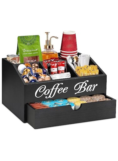 Farmhouse Wooden Coffee Bar Organizer - Countertop Station With Drawer, Pods Holder &amp; Storage Basket&iuml;&frac14;&circ;Black&iuml;&frac14;&permil;