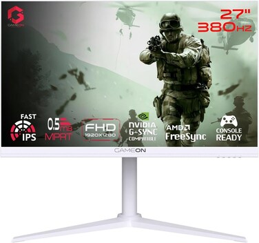 GAMEON GOAP27FHD380IPS Arctic Pro-Series 27&quot; White Gaming Monitor, 1920x1080p FHD, Fast IPS Panel, 380Hz, 0.5ms, HDMI 2.1, FreeSync &amp; G-Sync, HDR, PS5, VRR Support