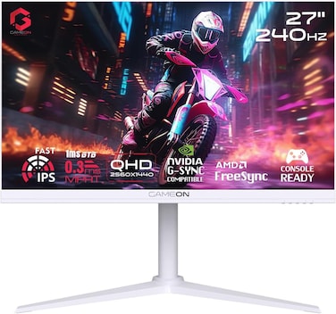 GAMEON GOA27QHD240IPS Arctic Pro-Series 27" White Gaming Monitor, 2560x1440p 2K QHD, Fast IPS Panel, 240Hz, 0.3ms, HDMI 2.1, FreeSync &amp; G-Sync, Crosshair Assistant, HDR, PS5, VRR Support