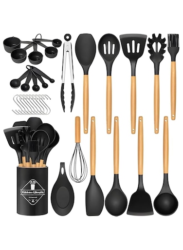 OkeanosHaven Kitchen Cooking Utensils Set, 33 Pcs Non-Stick Silicone Cooking Kitchen Utensils Spatula Set with Holder, Wooden Handle Silicone Kitchen Heat Resistant Gadgets Utensil Set (Black)