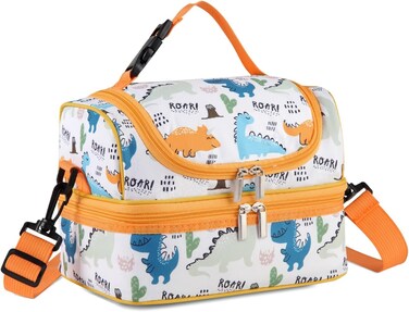 VASCHY Lunch Box Bag Kids, Insulated Two Compartments Cooler Bags for Boys Girls w Shoulder Strap for School,Daycare,Kindergarten Dinos Yellow