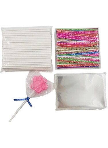 JZS Cake Pop Sticks and Wrappers Kit, 300 Pcs Set Lollipop Sticks Cake Pop Bags with Metallic Twist Ties Bow, for Making Lollipops Cookies Candies Chocolates